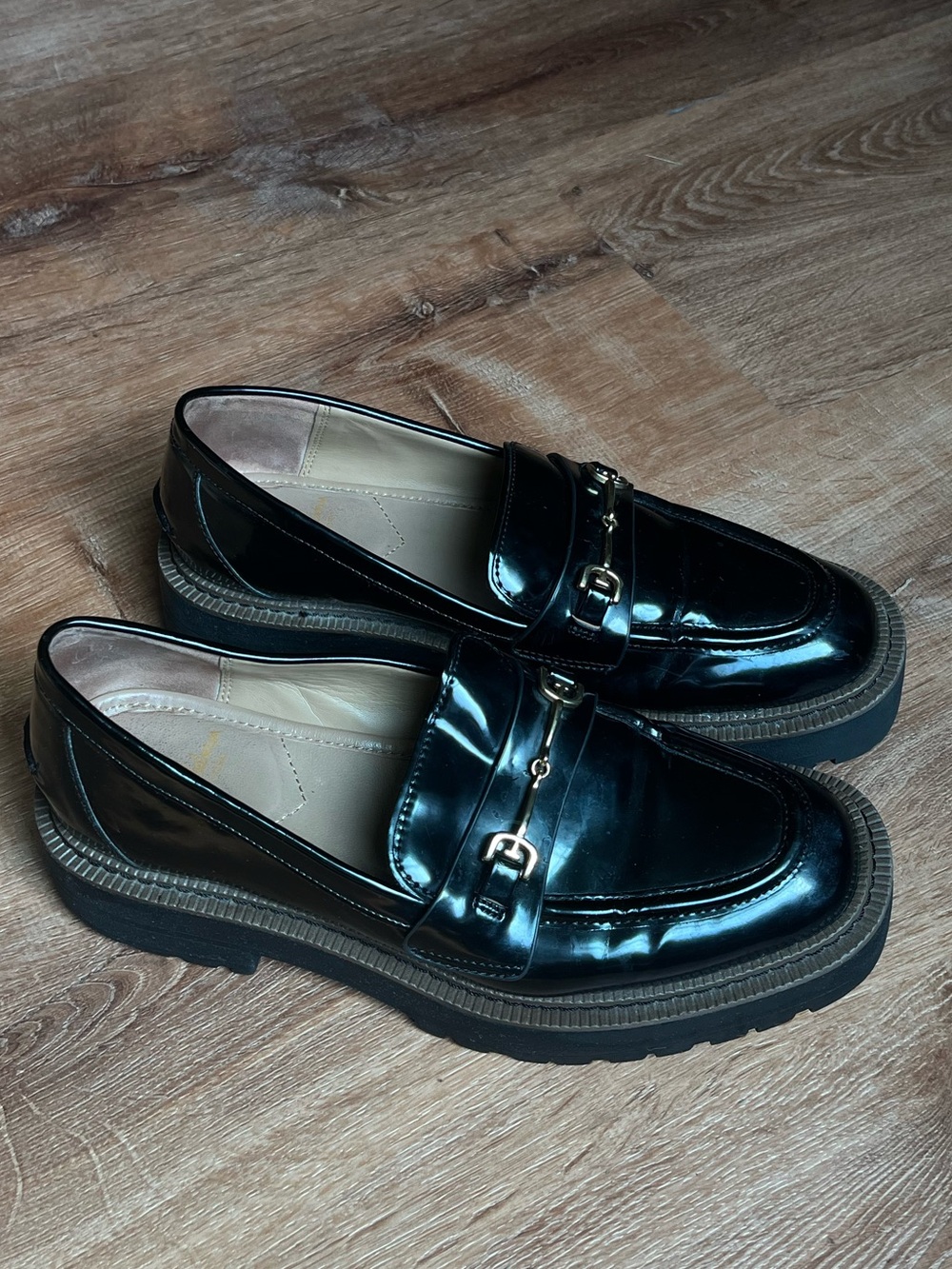 Sam Edelman Chunky Black Patent Loafers with Gold Bit